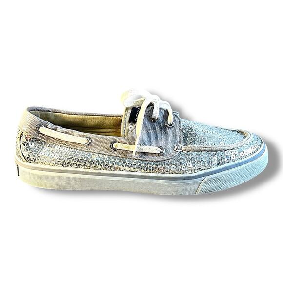 SPERRY TOP SIDERS Silver Sequin and Ivory or beige SZ 7.5 - Picture 1 of 15